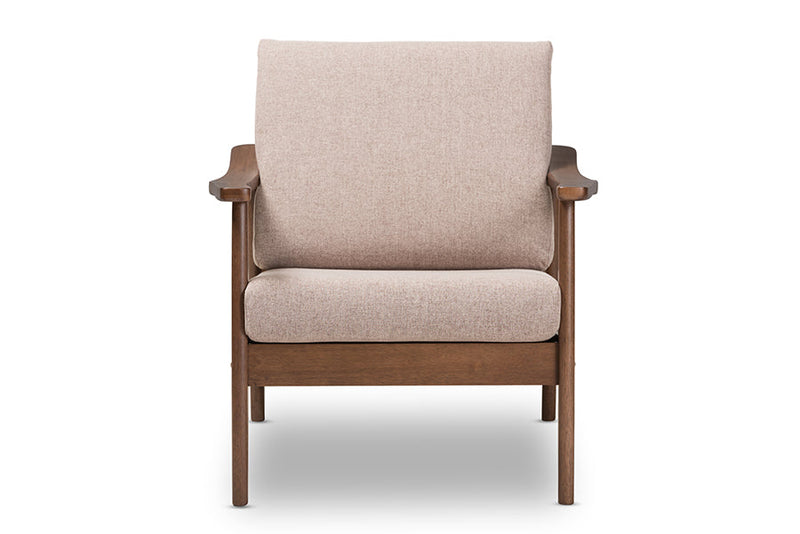 Carrie Walnut Wood Light Brown Fabric Upholstered Lounge Chair Baxton