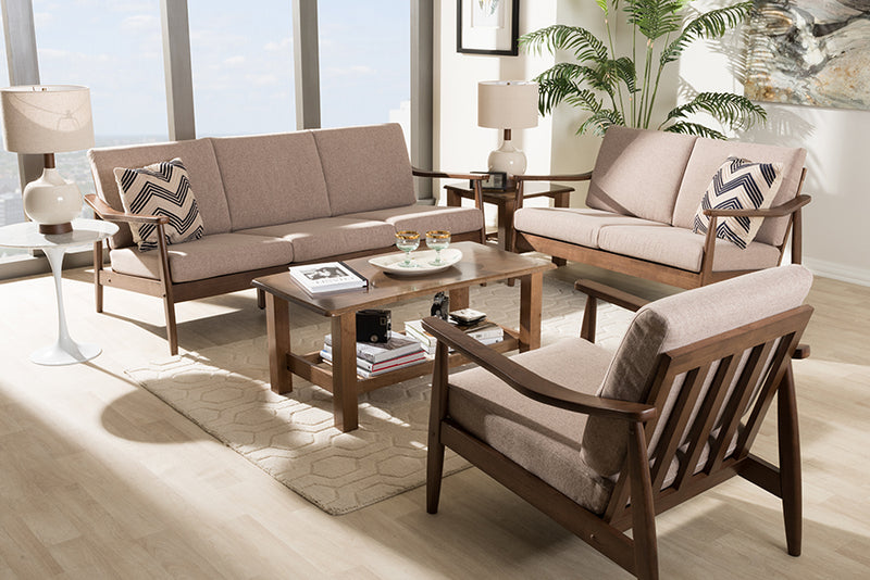 Carrie Mid-Century Modern Walnut Wood Light Brown Fabric Upholstered 3-Piece Livingroom Set