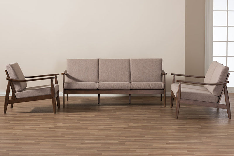 Carrie Walnut Wood Light Brown Fabric Upholstered 3-Piece Livingroom Set Baxton