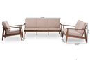 Carrie Walnut Wood Light Brown Fabric Upholstered 3-Piece Livingroom Set Baxton