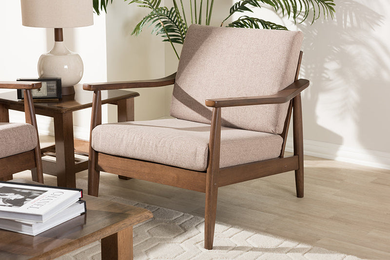 Carrie Walnut Wood Light Brown Fabric Upholstered Lounge Chair Baxton