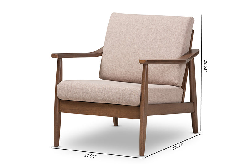 Carrie Mid-Century Modern Walnut Wood Light Brown Fabric Upholstered Lounge Chair