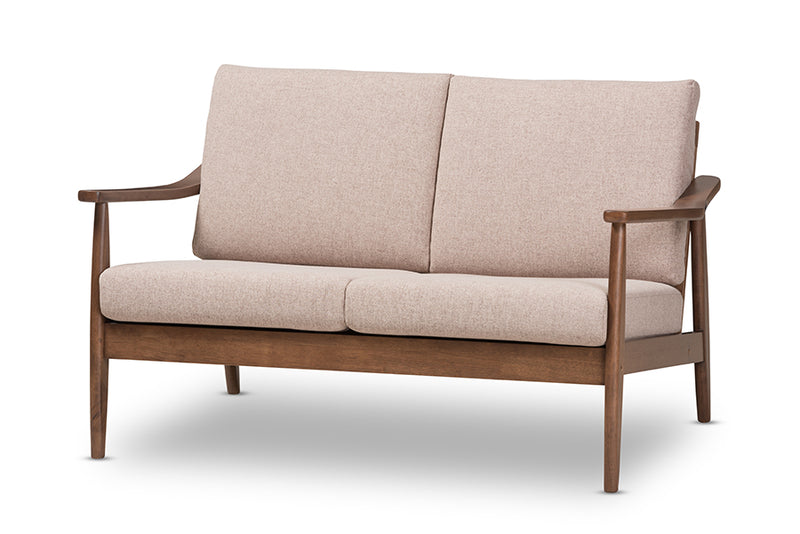 Carrie Mid-Century Modern Walnut Wood Light Brown Fabric Upholstered 2-Seater Loveseat