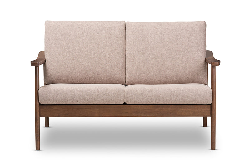 Carrie Mid-Century Modern Walnut Wood Light Brown Fabric Upholstered 2-Seater Loveseat