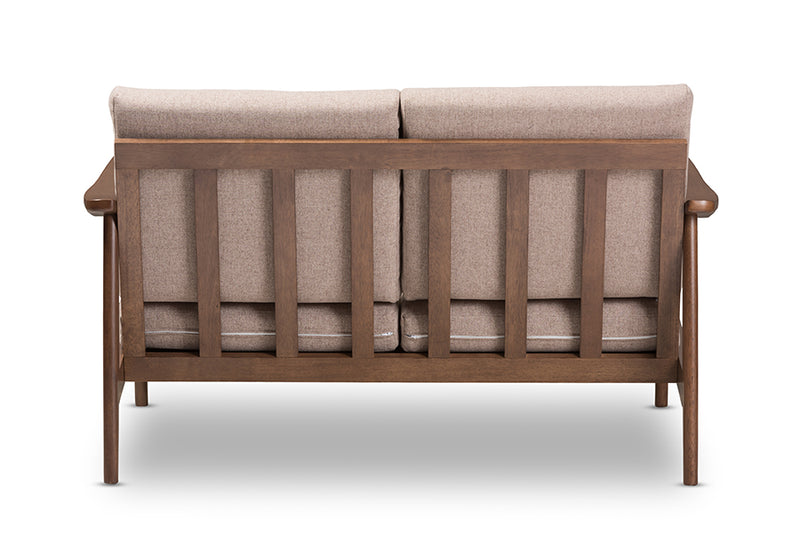 Carrie Mid-Century Modern Walnut Wood Light Brown Fabric Upholstered 2-Seater Loveseat