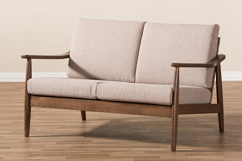 Carrie Walnut Wood Light Brown Fabric Upholstered 2-Seater Loveseat Baxton