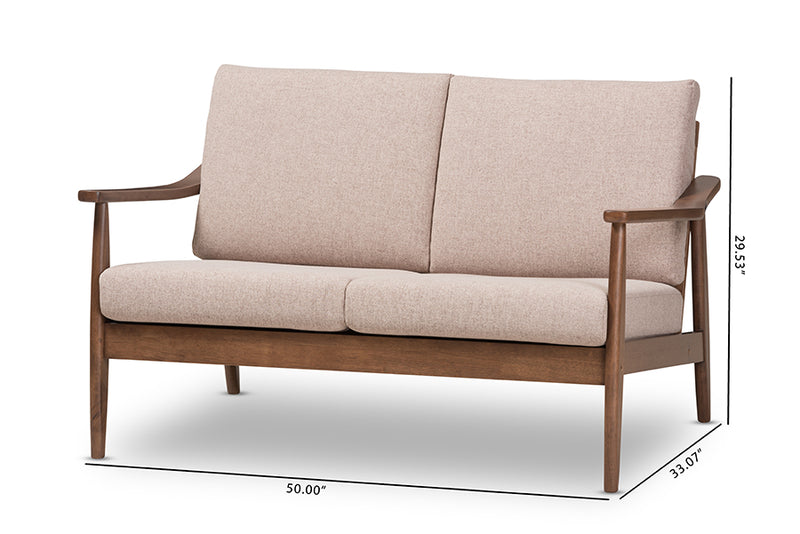 Carrie Mid-Century Modern Walnut Wood Light Brown Fabric Upholstered 2-Seater Loveseat