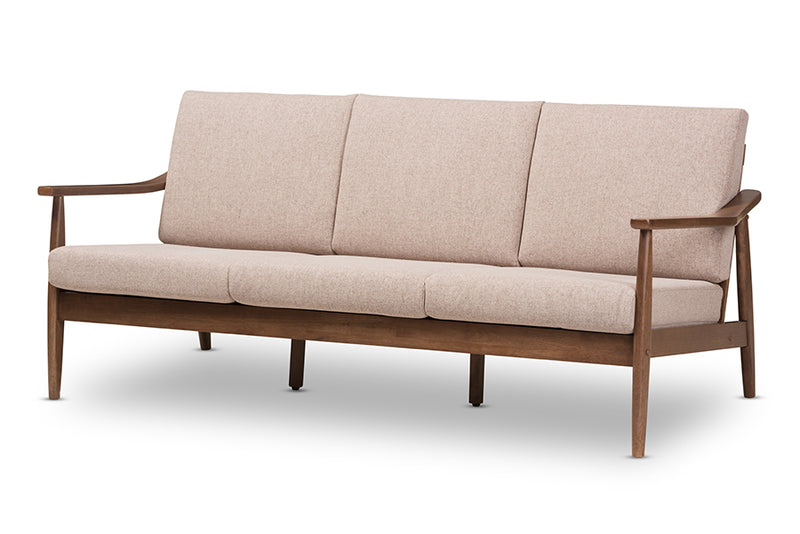 Carrie Mid-Century Modern Walnut Wood Light Brown Fabric Upholstered 3-Seater Sofa