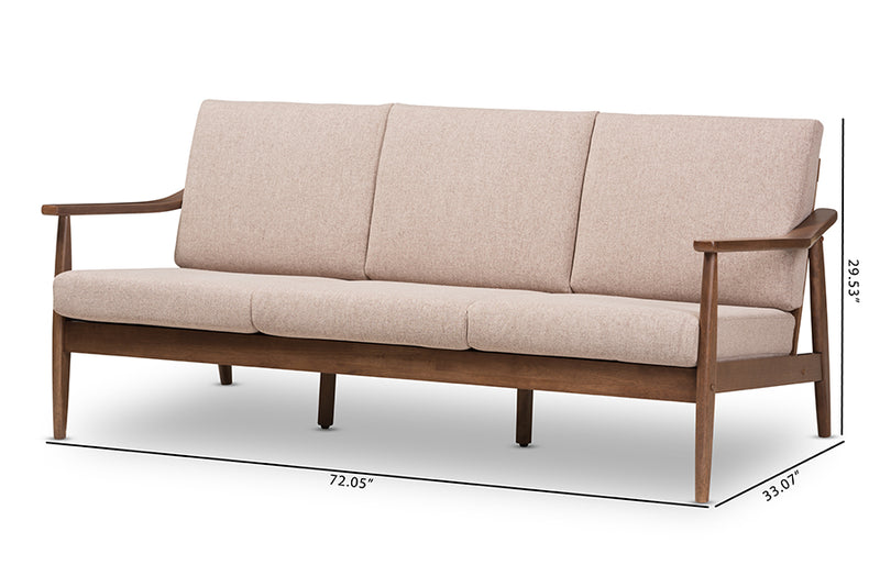 Carrie Mid-Century Modern Walnut Wood Light Brown Fabric Upholstered 3-Seater Sofa