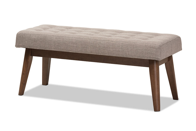 Louis Mid-Century Modern Walnut Wood Light Gray Fabric Button-Tufted Bench