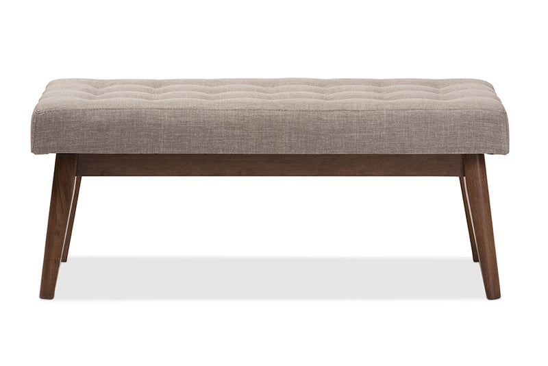 Louis Mid-Century Modern Walnut Wood Light Gray Fabric Button-Tufted Bench