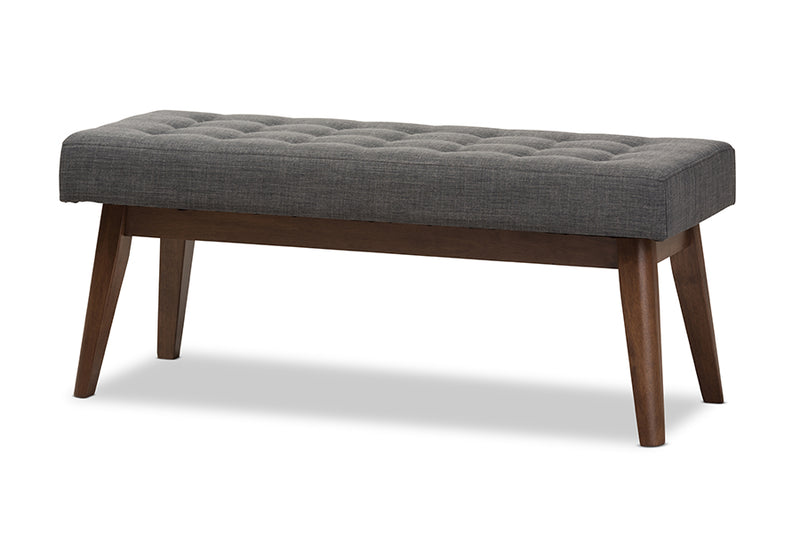 Louis Mid-Century Modern Walnut Wood Dark Gray Fabric Button-Tufted Bench