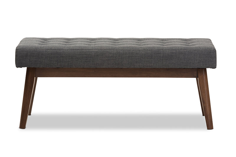 Louis Mid-Century Modern Walnut Wood Dark Gray Fabric Button-Tufted Bench