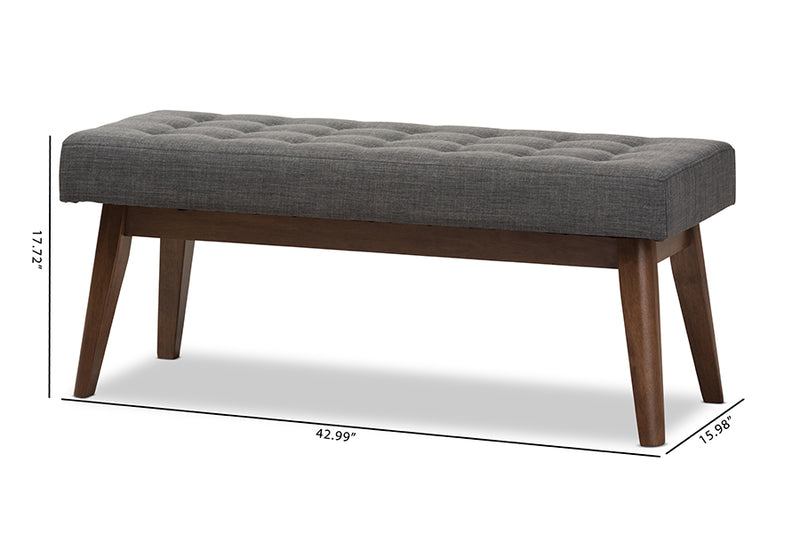 Louis Mid-Century Modern Walnut Wood Dark Gray Fabric Button-Tufted Bench