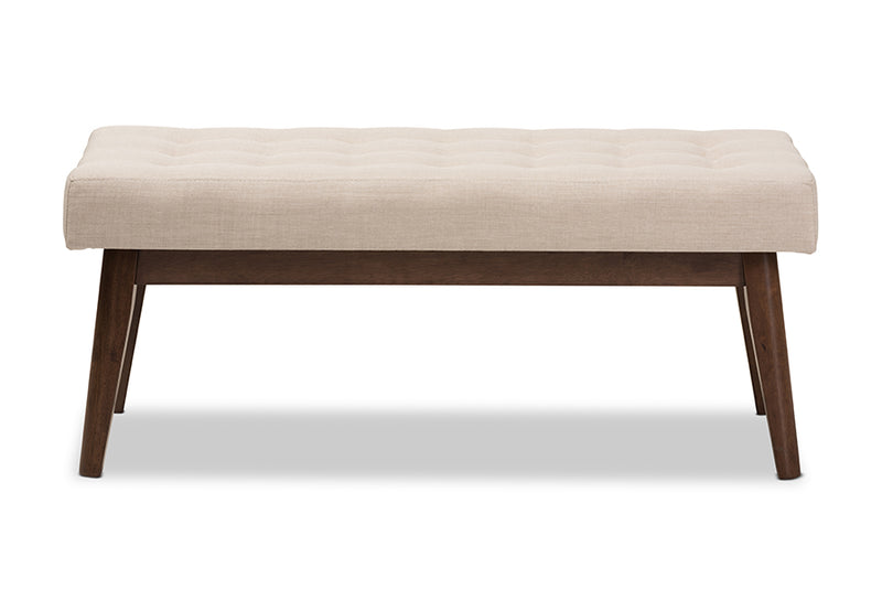 Louis Mid-Century Modern Walnut Wood Light Beige Fabric Button-Tufted Bench