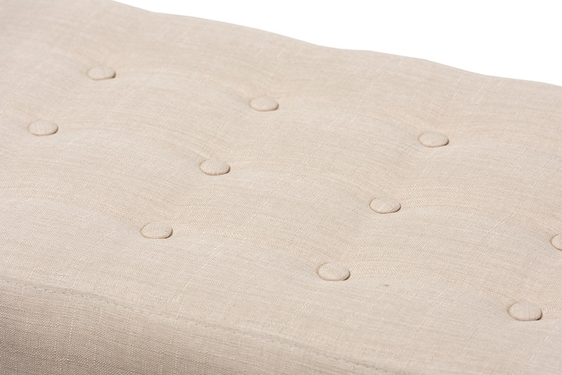 Louis Mid-Century Modern Walnut Wood Light Beige Fabric Button-Tufted Bench