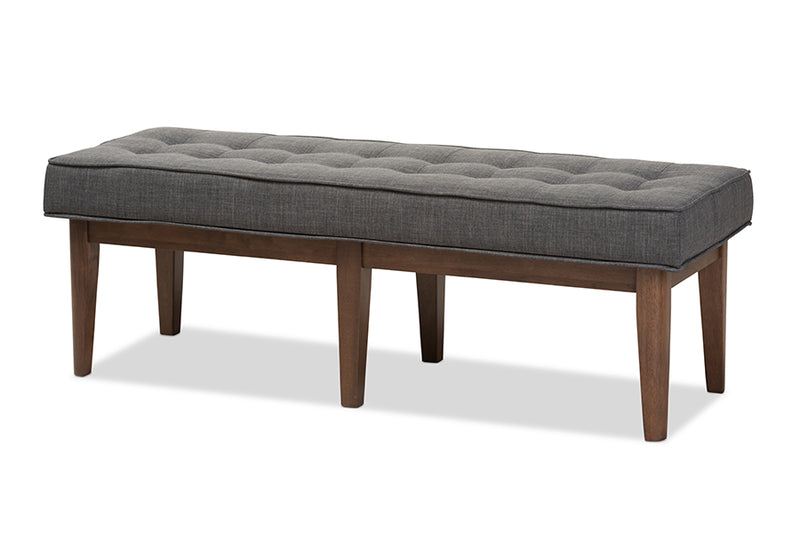 Lilia Mid-Century Modern Walnut Wood Dark Gray Fabric Button-Tufted Bench