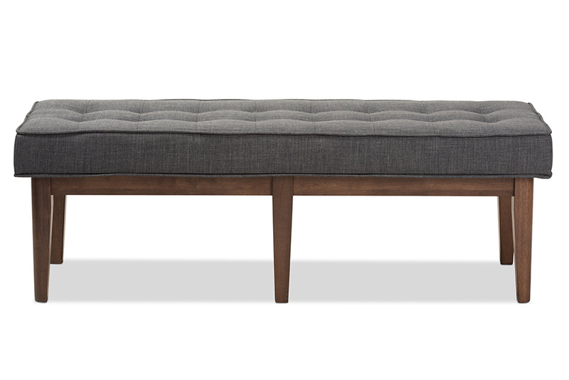 Lilia Mid-Century Modern Walnut Wood Dark Gray Fabric Button-Tufted Bench