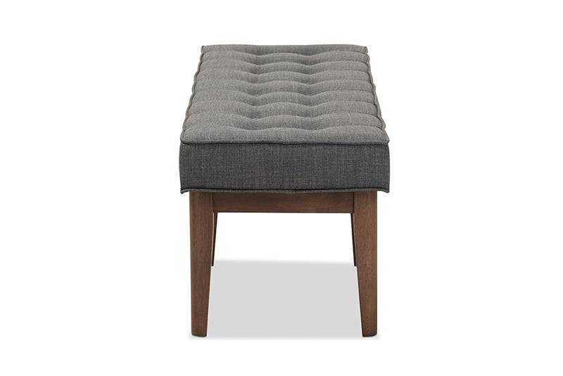 Lilia Mid-Century Modern Walnut Wood Dark Gray Fabric Button-Tufted Bench