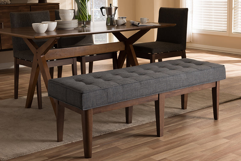 Lilia Mid-Century Modern Walnut Wood Dark Gray Fabric Button-Tufted Bench