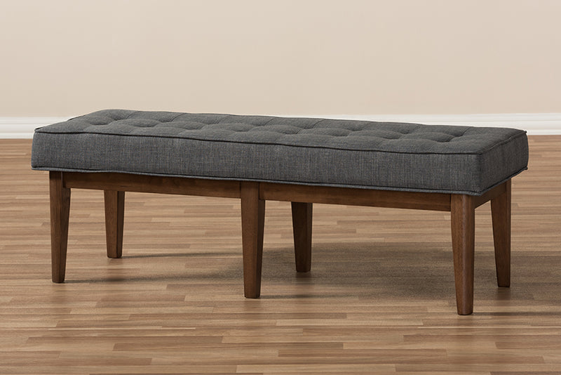 Lilia Mid-Century Modern Walnut Wood Dark Gray Fabric Button-Tufted Bench