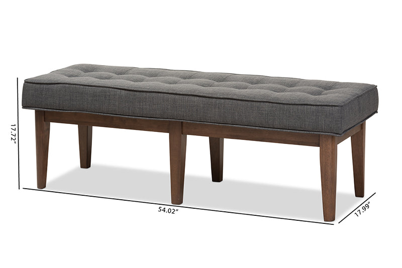 Lilia Mid-Century Modern Walnut Wood Dark Gray Fabric Button-Tufted Bench