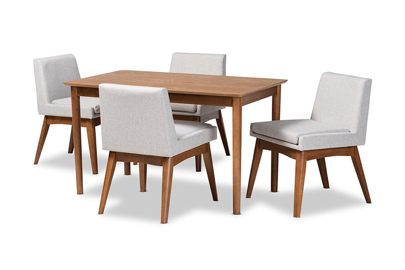 Larine Greyish Beige Fabric Upholstered and Walnut Brown 5-Piece Dining Set Baxton