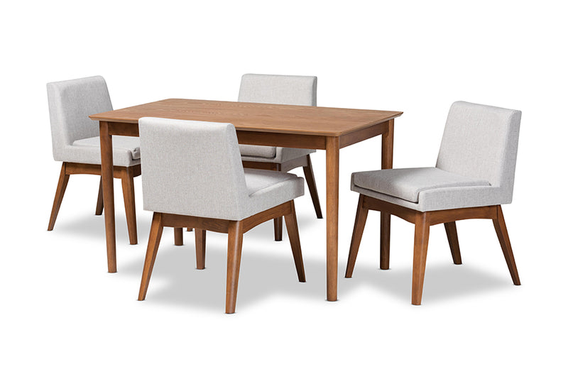 Larine Mid-Century Modern Greyish Beige Fabric Upholstered and Walnut Brown Finished Wood 5-Piece Dining Set