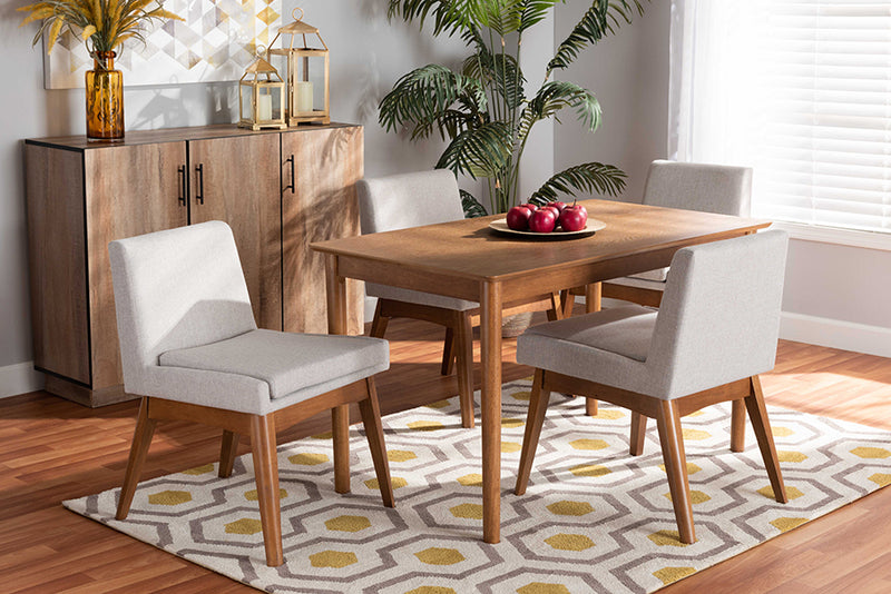 Larine Mid-Century Modern Greyish Beige Fabric Upholstered and Walnut Brown Finished Wood 5-Piece Dining Set