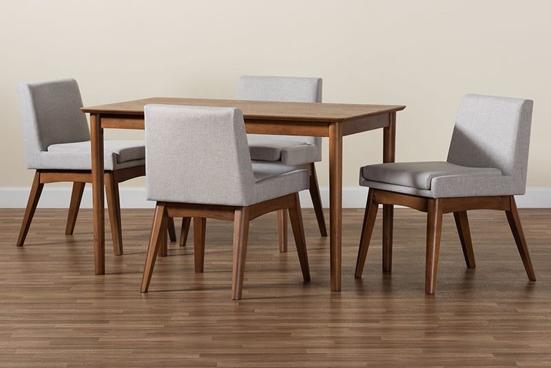 Larine Mid-Century Modern Greyish Beige Fabric Upholstered and Walnut Brown Finished Wood 5-Piece Dining Set