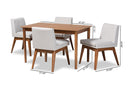 Larine Greyish Beige Fabric Upholstered and Walnut Brown 5-Piece Dining Set Baxton
