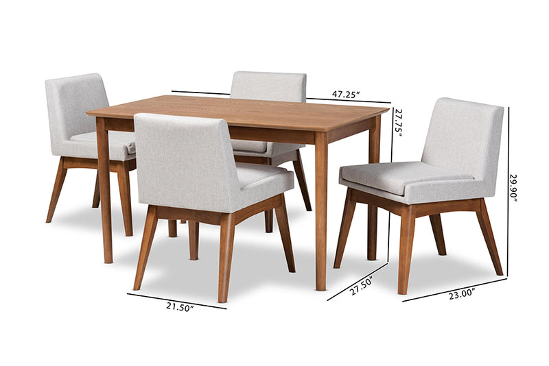 Larine Mid-Century Modern Greyish Beige Fabric Upholstered and Walnut Brown Finished Wood 5-Piece Dining Set