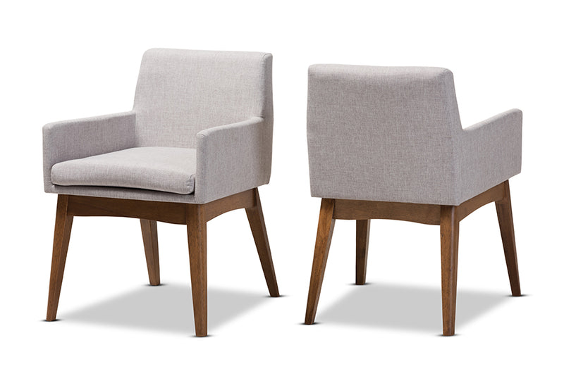 Larine Mid-Century Modern Walnut Wood Finishing Greyish Beige Fabric Dining Armchair (Set of 2)