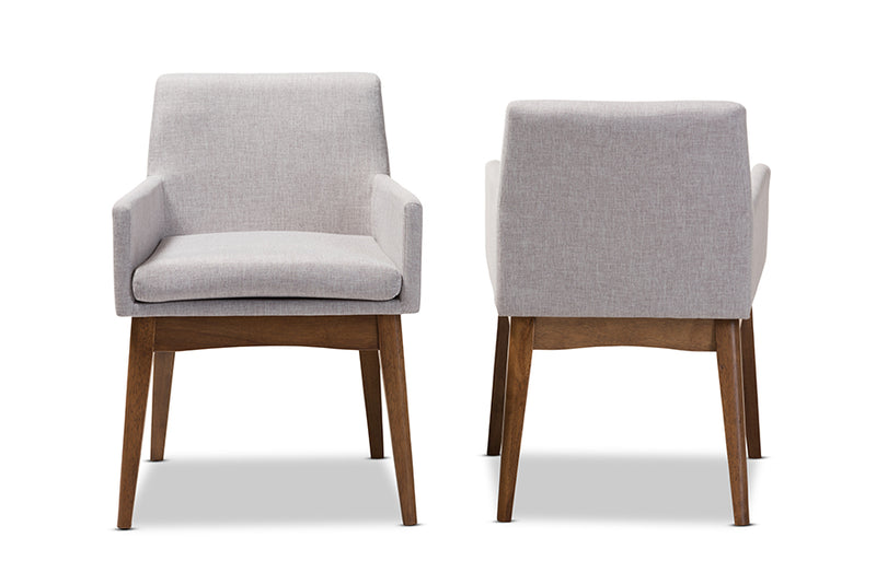 Larine Mid-Century Modern Walnut Wood Finishing Greyish Beige Fabric Dining Armchair (Set of 2)