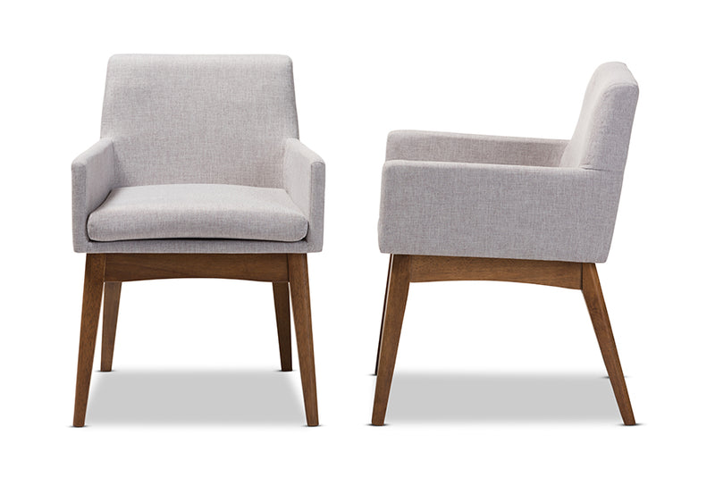 Larine Mid-Century Modern Walnut Wood Finishing Greyish Beige Fabric Dining Armchair (Set of 2)