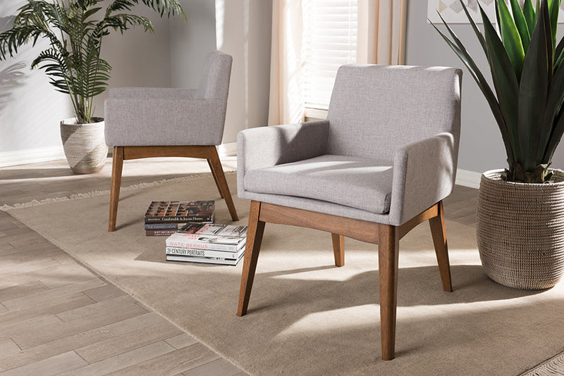 Larine Walnut Wood Finishing Greyish Beige Fabric Dining Armchair (Set of 2) Baxton