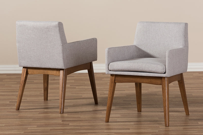 Larine Mid-Century Modern Walnut Wood Finishing Greyish Beige Fabric Dining Armchair (Set of 2)