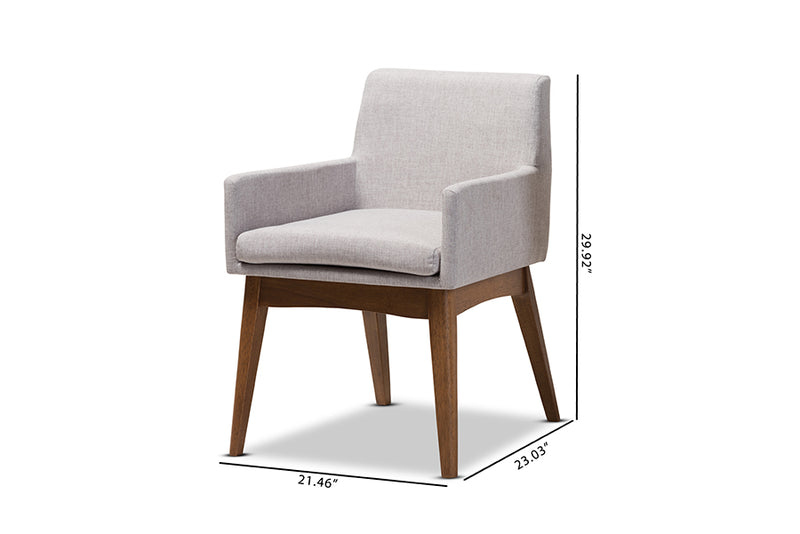 Larine Mid-Century Modern Walnut Wood Finishing Greyish Beige Fabric Dining Armchair (Set of 2)