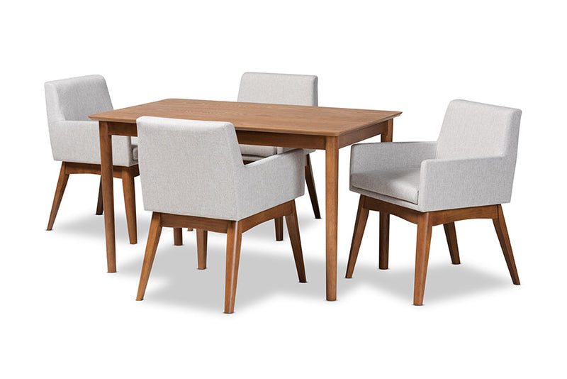 Malvina Greyish Beige Fabric Upholstered and Walnut Brown 5-Piece Dining Set Baxton