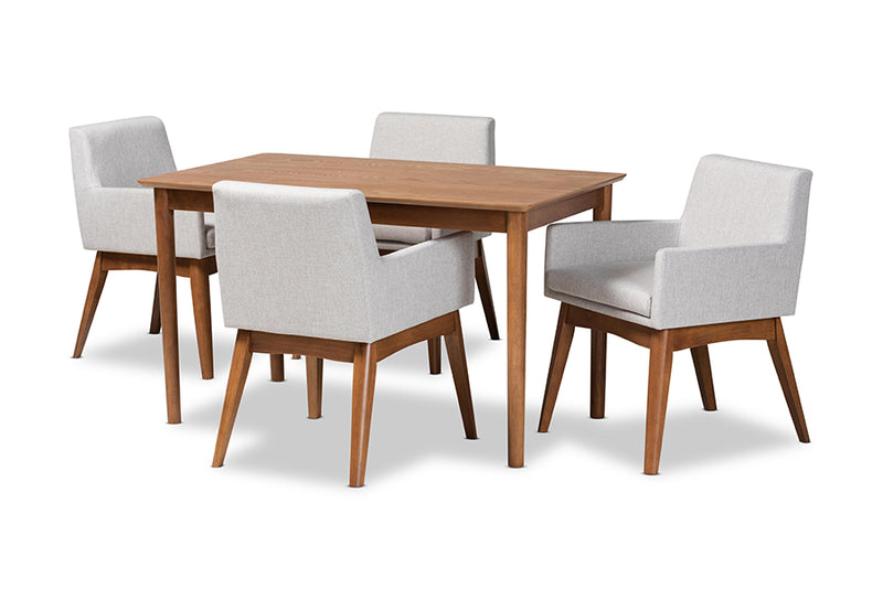 Malvina Mid-Century Modern Greyish Beige Fabric Upholstered and Walnut Brown Finished Wood 5-Piece Dining Set