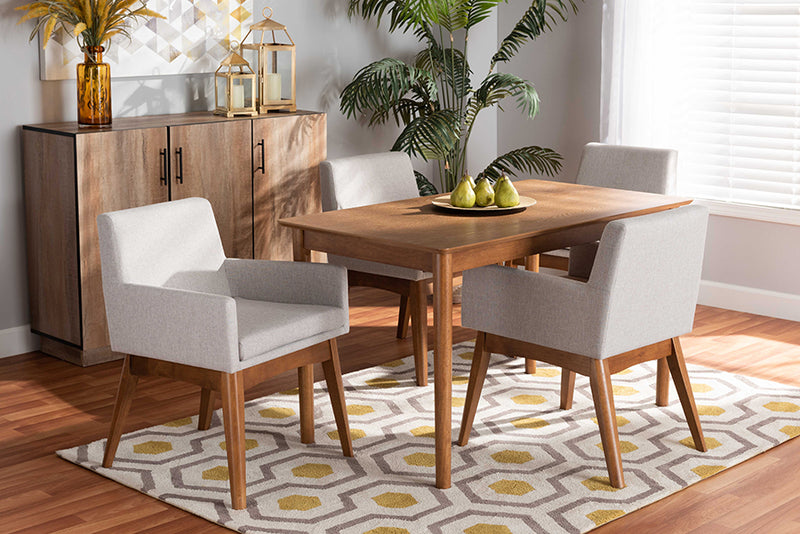 Malvina Mid-Century Modern Greyish Beige Fabric Upholstered and Walnut Brown Finished Wood 5-Piece Dining Set