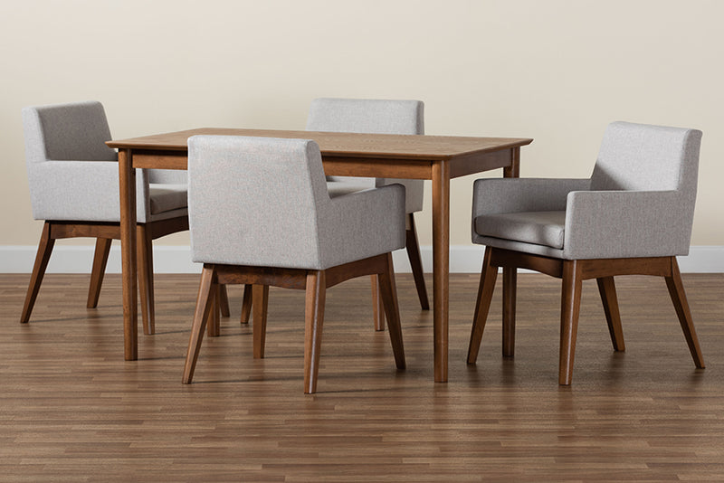 Malvina Mid-Century Modern Greyish Beige Fabric Upholstered and Walnut Brown Finished Wood 5-Piece Dining Set