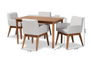 Malvina Greyish Beige Fabric Upholstered and Walnut Brown 5-Piece Dining Set Baxton