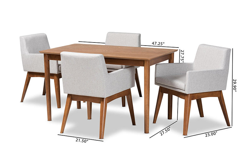 Malvina Greyish Beige Fabric Upholstered and Walnut Brown 5-Piece Dining Set Baxton