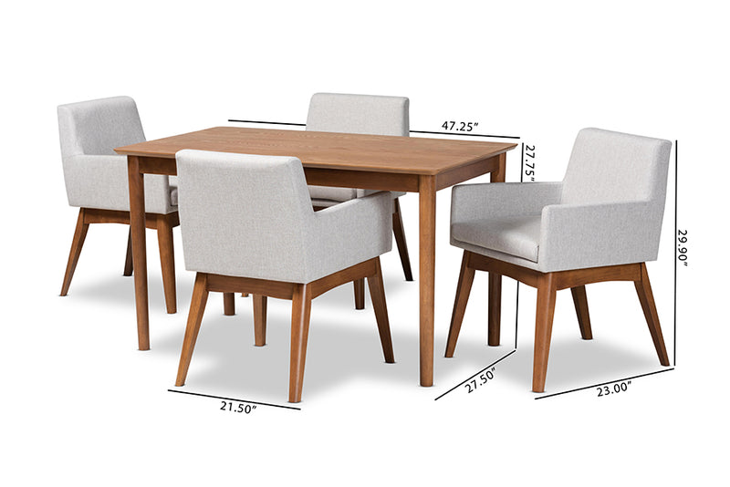 Malvina Mid-Century Modern Greyish Beige Fabric Upholstered and Walnut Brown Finished Wood 5-Piece Dining Set