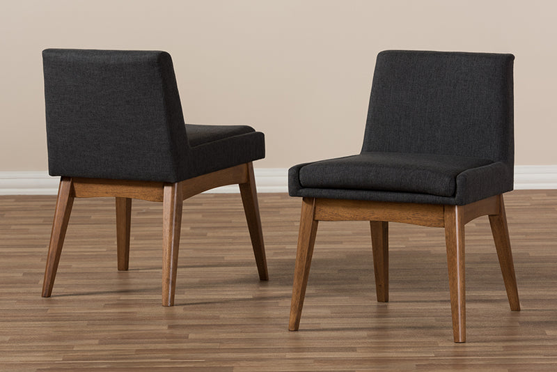 Larine Mid-Century Modern Walnut Wood Finishing Dark Fabric Dining Side Chair (Set of 2)