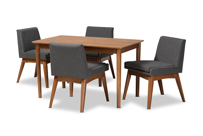 Larine Mid-Century Modern Dark Gray Fabric Upholstered and Walnut Brown Finished Wood 5-Piece Dining Set