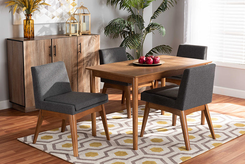 Larine Dark Gray Fabric Upholstered and Walnut Brown 5-Piece Dining Set Baxton
