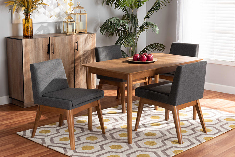 Larine Mid-Century Modern Dark Gray Fabric Upholstered and Walnut Brown Finished Wood 5-Piece Dining Set