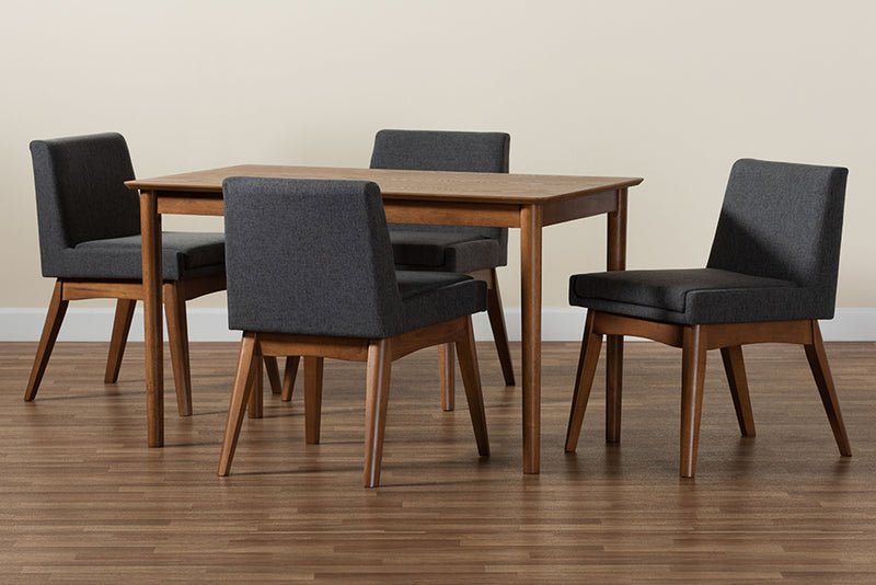 Larine Mid-Century Modern Dark Gray Fabric Upholstered and Walnut Brown Finished Wood 5-Piece Dining Set